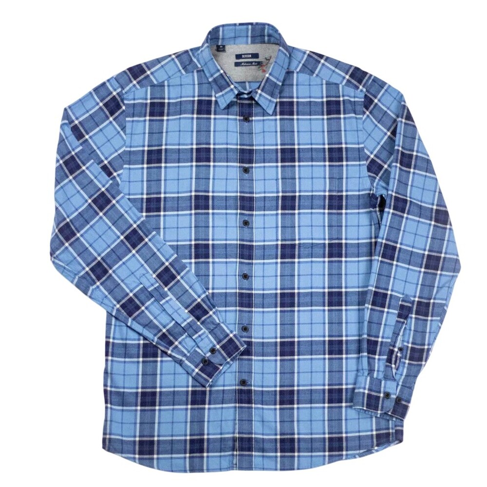 Benson Mckenzie Flannel Shirt Mens XL Light Blue Navy Plaid Cotton New $145